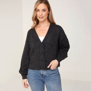 NWT Vero Moda Doffy V-Neck Puff Sleeve Cardigan Sweater in Dark Grey